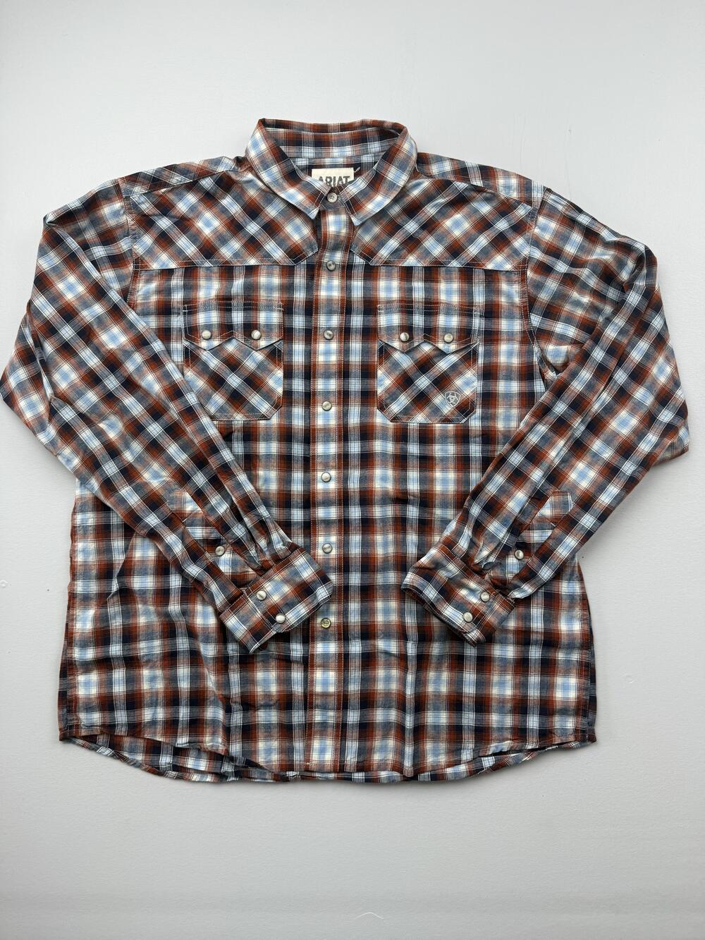 Ariat Shirt Mens XL Brown Blue Plaid Long Sleeve Snap Western Retro Fit